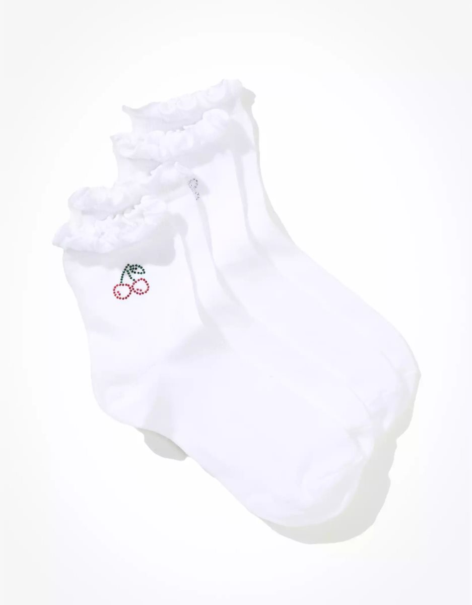 Chaussettes American Eagle AE Rhinestone Ruffle Boyfriend Sock 2-Pack Blanche Femme | ZFC-39323374